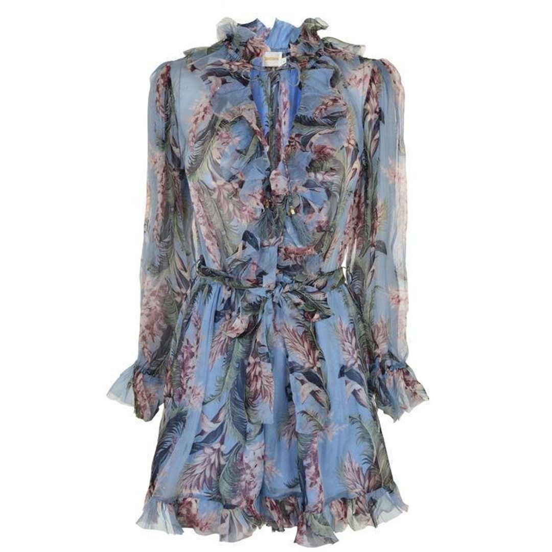 Zimmermann Winsome Ruffle Playsuit Sky Sunbleach Floral Size 8 for rent on The Volte - main image