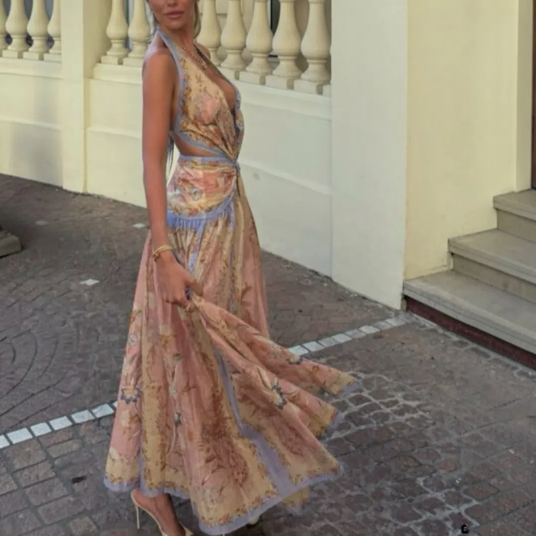 Zimmermann Indra Plunge Halter Maxi Dress Pink Scarf Floral Size 1 / AU 10 for rent on The Volte - main image