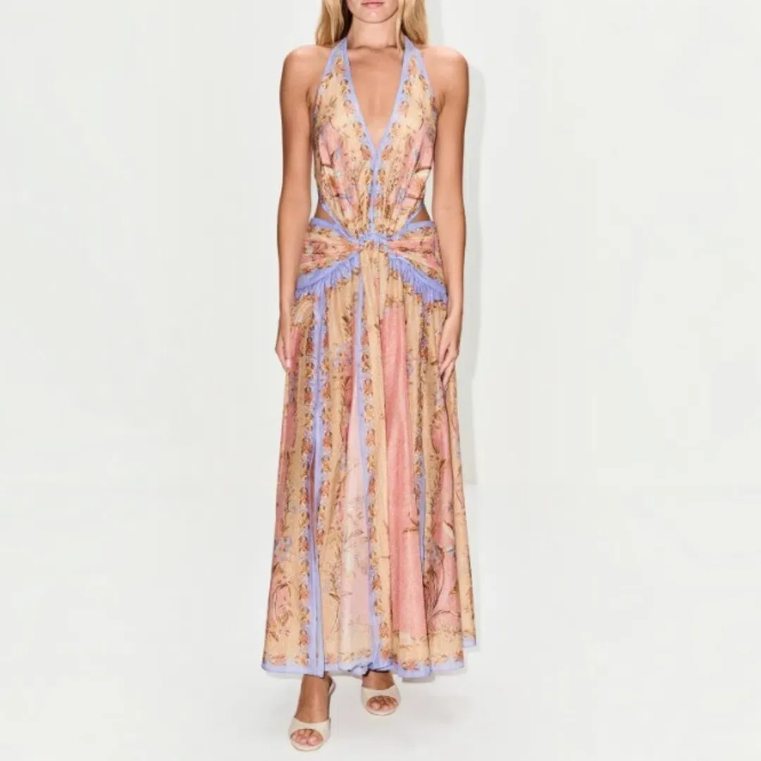 Zimmermann Indra Plunge Halter Maxi Dress Pink Scarf Floral Size 1 / AU 10 for rent on The Volte - main image