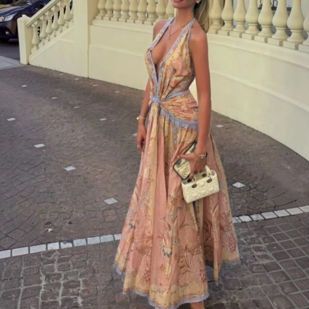 Zimmermann Indra Plunge Halter Maxi Dress Pink Scarf Floral Size 0 / AU 8 for rent on The Volte - main image