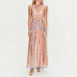 Zimmermann Indra Plunge Halter Maxi Dress Pink Scarf Floral Size 0 / AU 8 for rent on The Volte - image 1