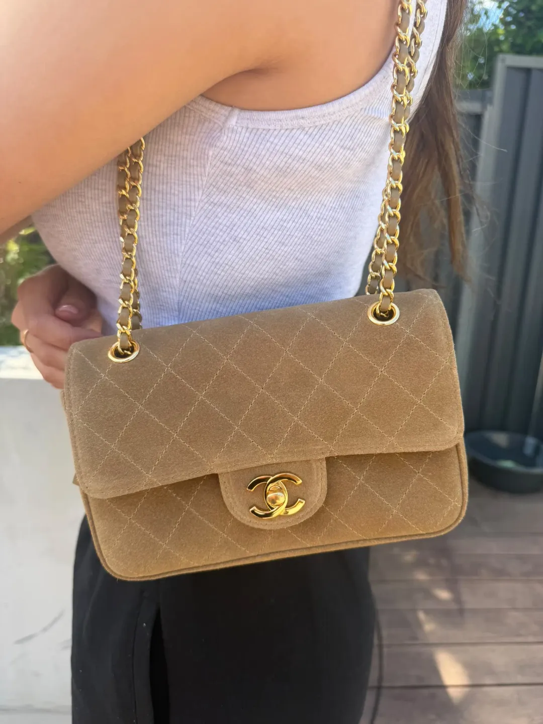 Chanel Maxi Souplissimo Flap Bag Mini Beige Suede for rent on The Volte - main image