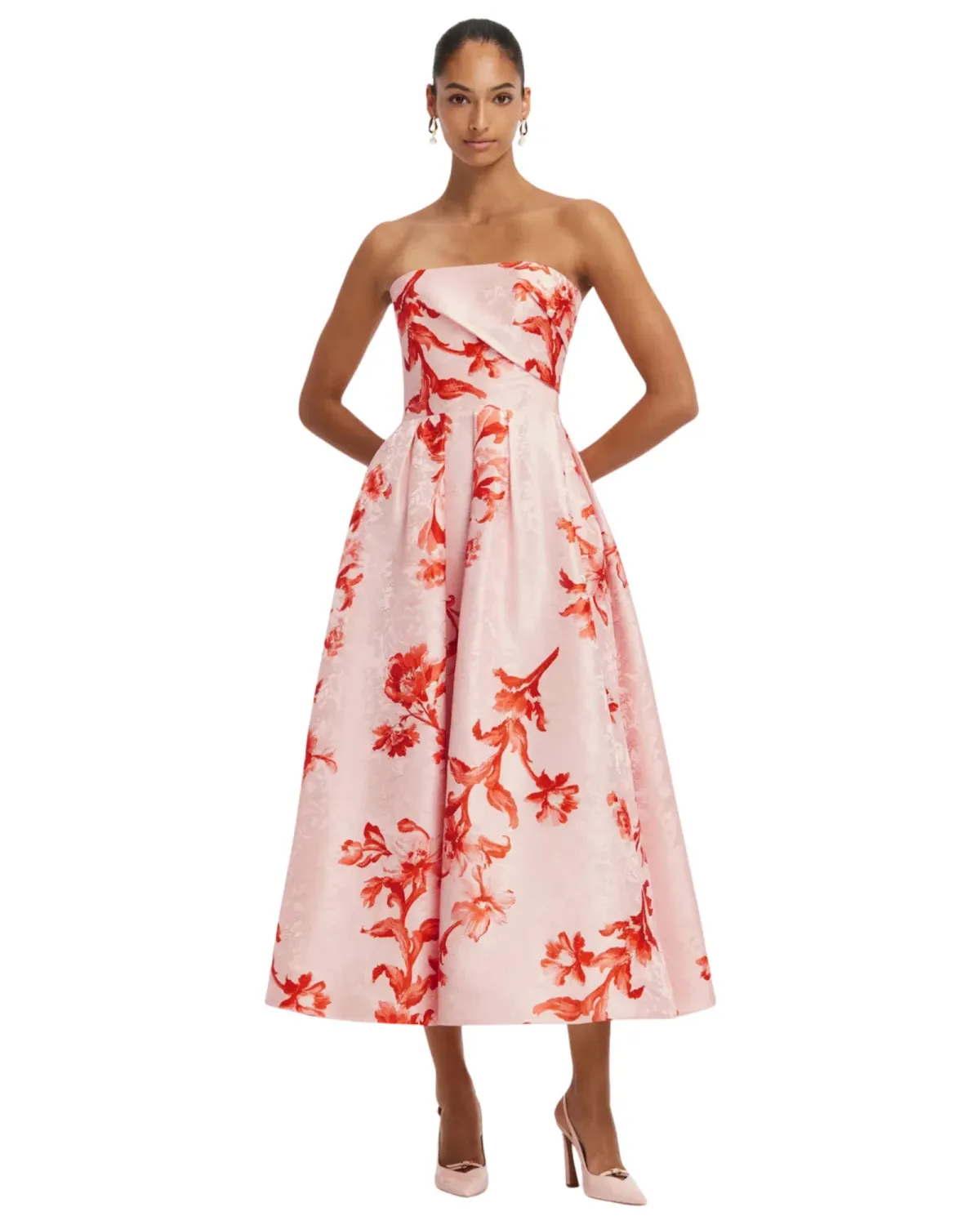 Leo Lin Lynn Jacquard Bustier Midi Dress Magnolia Print Size 10 for rent on The Volte - main image