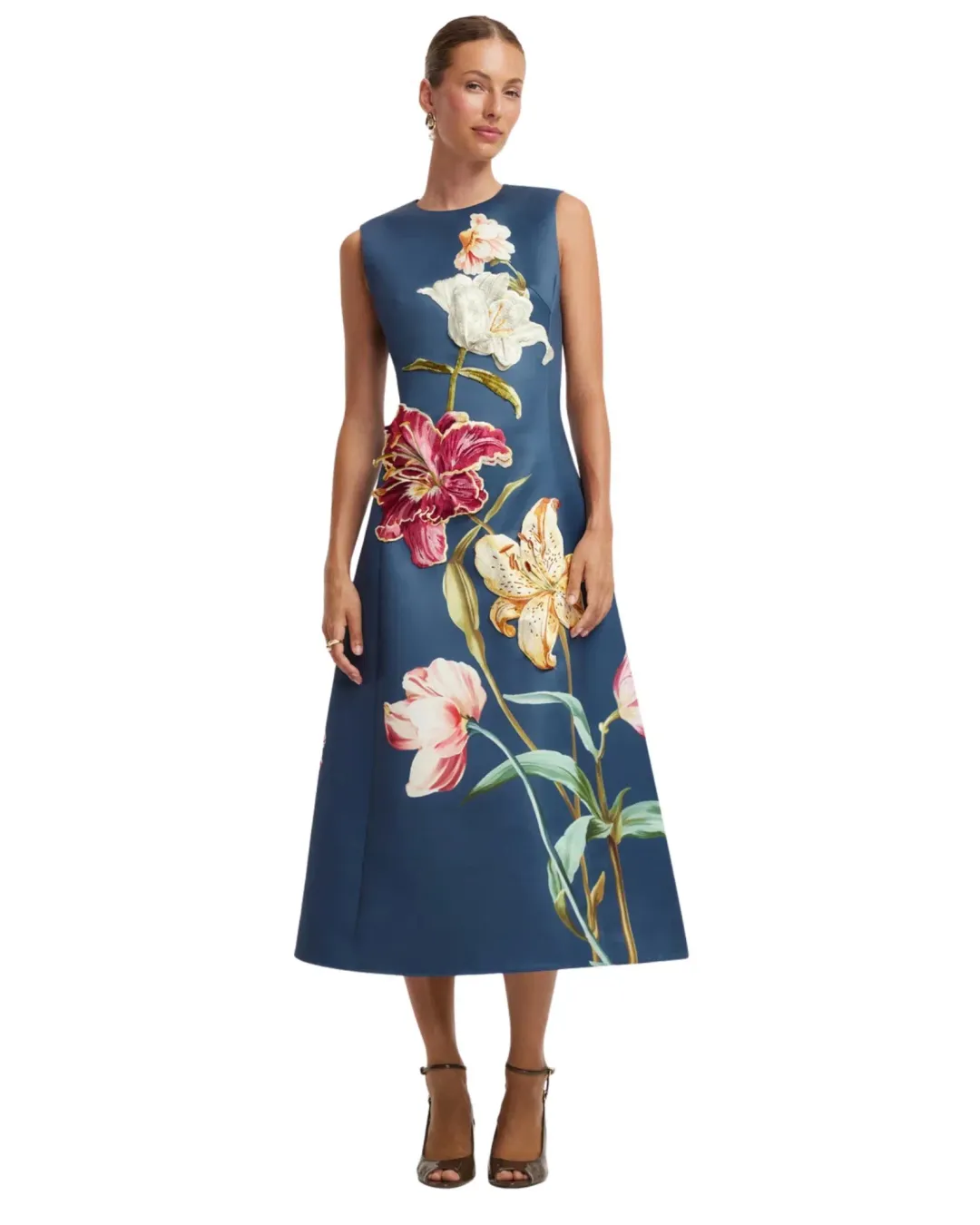 Leo Lin Cleo Embroidered Sleeveless Midi Dress Lily Print Indigo Size 14 for rent on The Volte - main image