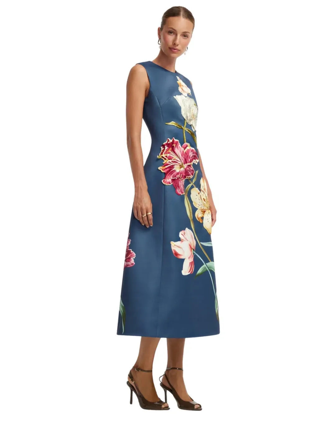 Leo Lin Cleo Embroidered Sleeveless Midi Dress Lily Print Indigo Size 14 for rent on The Volte - main image