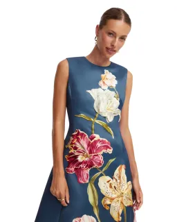 Leo Lin Cleo Embroidered Sleeveless Midi Dress Lily Print Indigo Size 14 for rent on The Volte - image 4