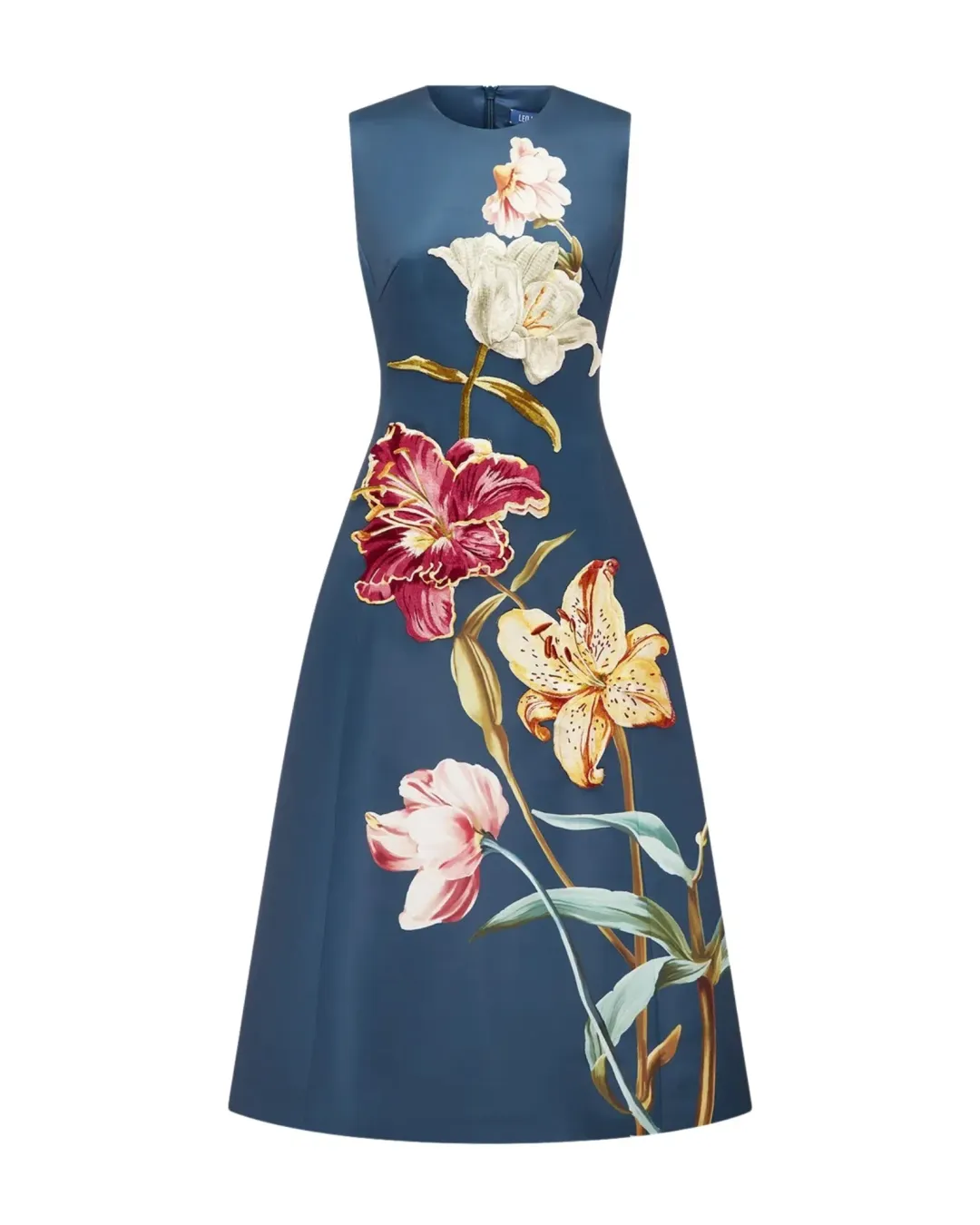 Leo Lin Cleo Embroidered Sleeveless Midi Dress Lily Print Indigo Size 14 for rent on The Volte - main image