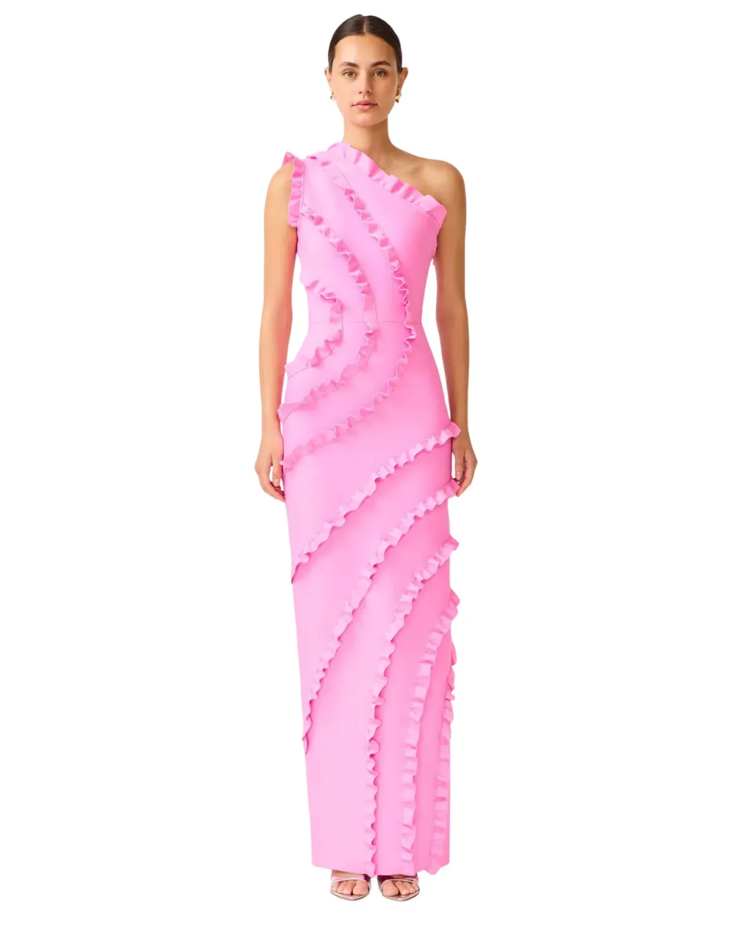Elliatt Orelia Asymmetrical Ruffle Maxi Gown Candy Pink Size S / AU 8 for rent on The Volte - main image