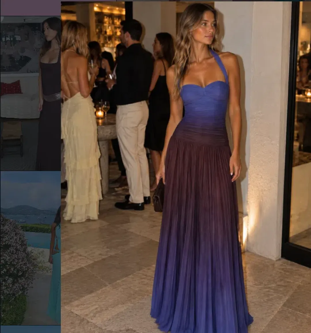 Meshki Azizi Pleated Halter Maxi Dress in Chocolate & Blue Ombré Print Size S for rent on The Volte - main image
