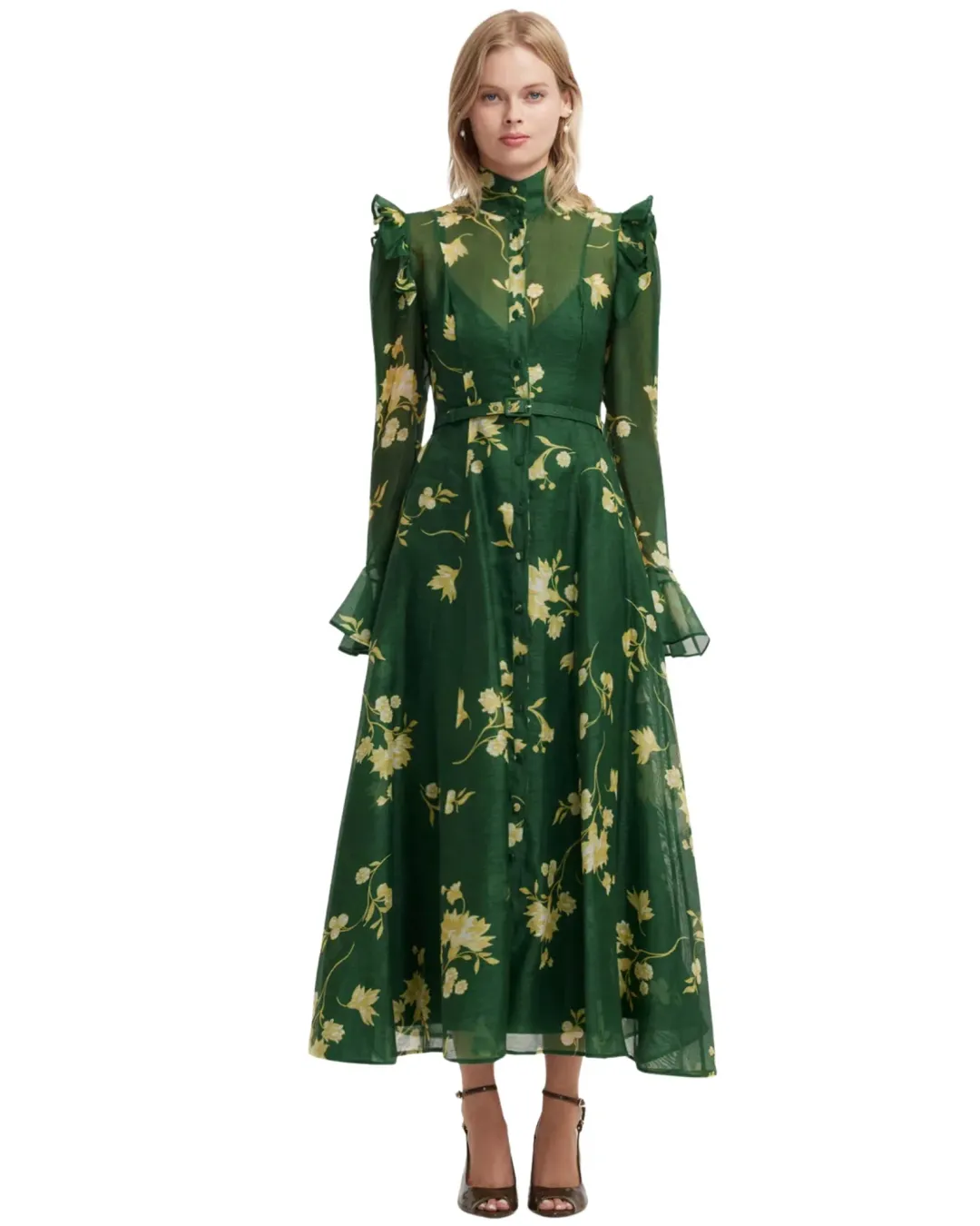 Leo Lin Katrina Butterfly Sleeve Midi Dress Forest Print Size 14 for rent on The Volte - main image