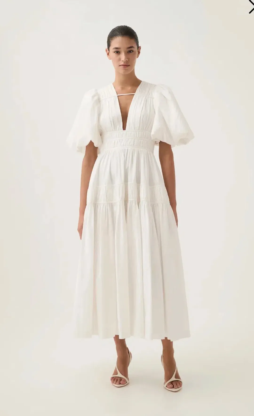 As New - AJE NEW - FALLINGWATER RUCHED WHITE MIDI DRESS Size:12 for rent on The Volte - main image