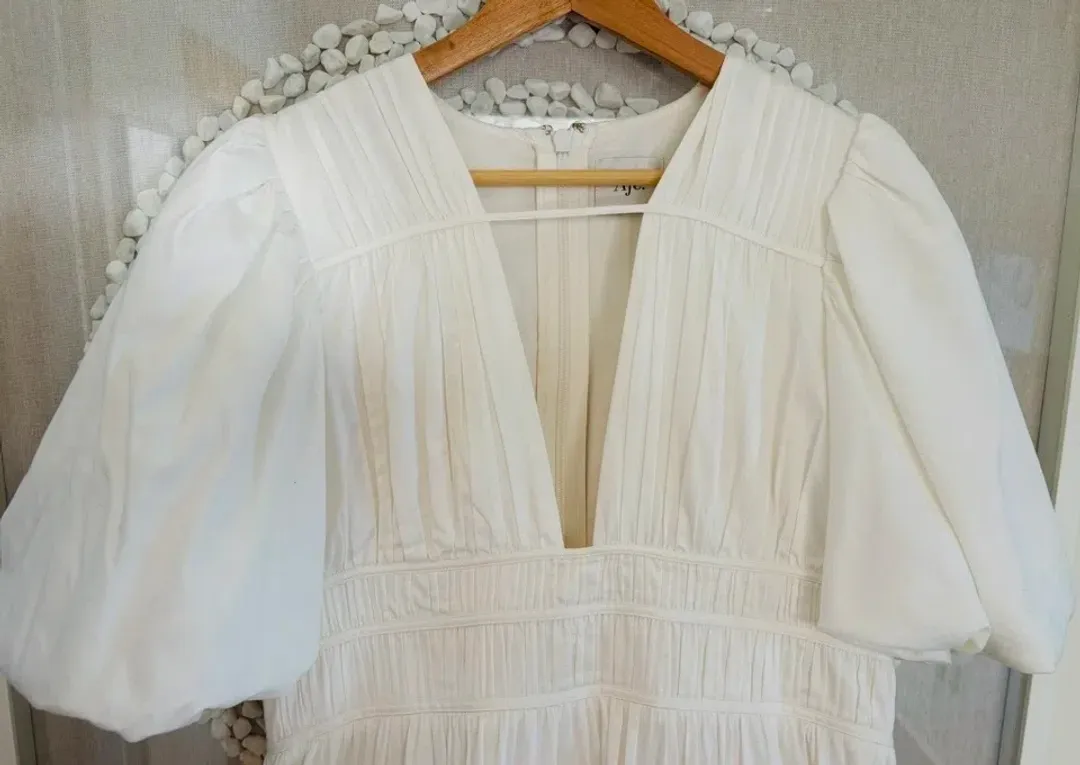 As New - AJE NEW - FALLINGWATER RUCHED WHITE MIDI DRESS Size:12 for rent on The Volte - main image