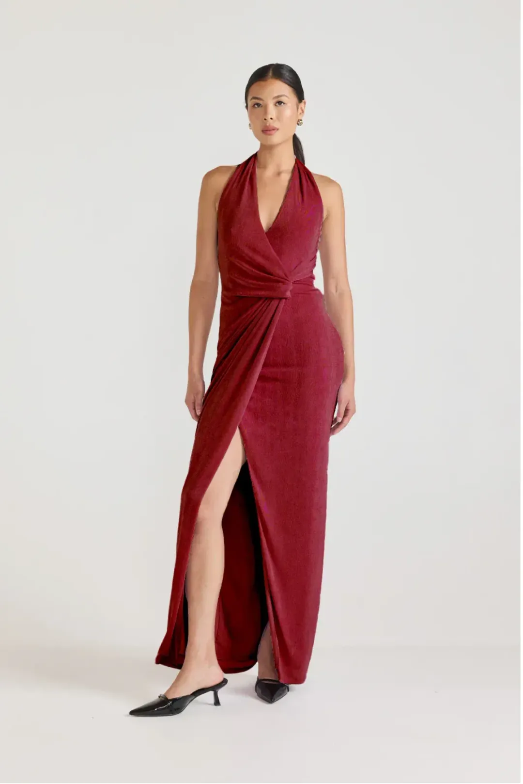 TOJHÀ Tamsin Halter Maxi Dress | Cherry Liqueur | Size 6 AU for rent on The Volte - main image