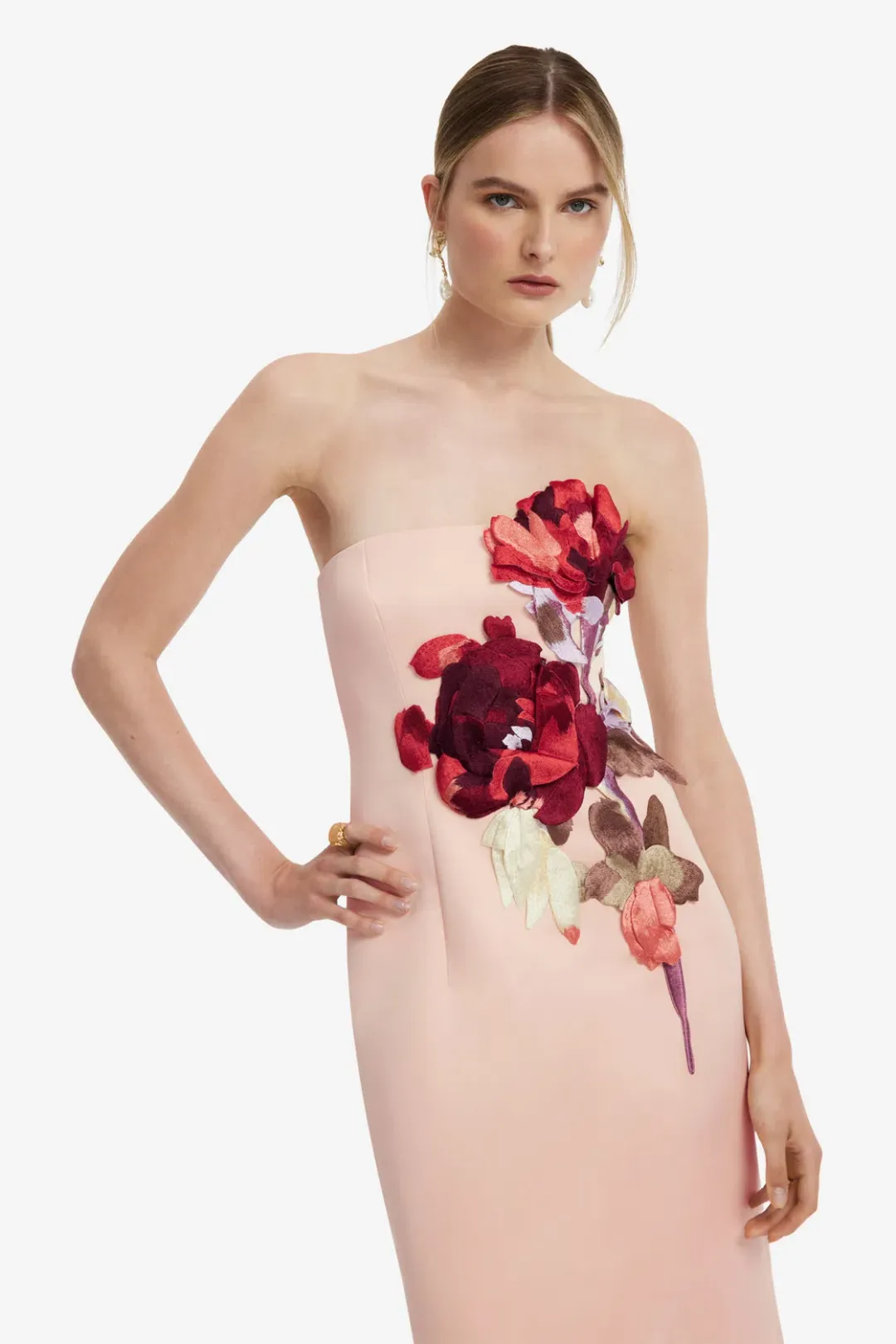Leo Lin Rayna Embroidered Bustier Maxi Dress in Reverie Print in Nectar Size AU 10 for rent on The Volte - main image