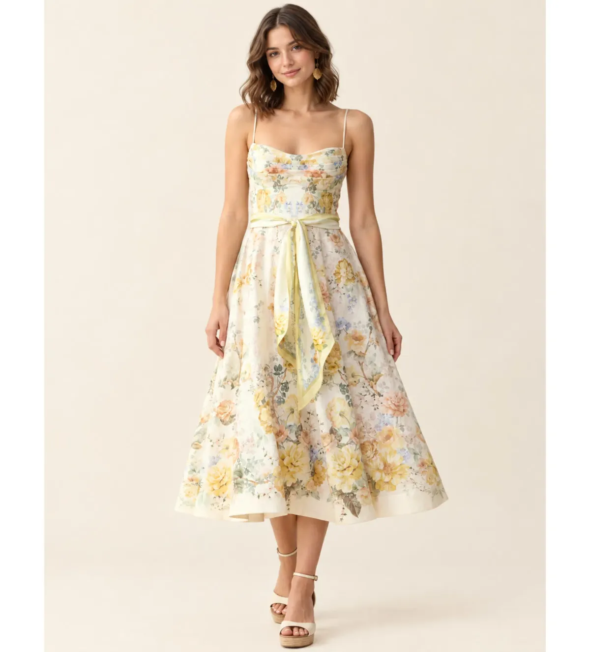 Zimmermann Clash Tuck Midi Dress in Citrus Blooms Size 0/AU8 for rent on The Volte - main image