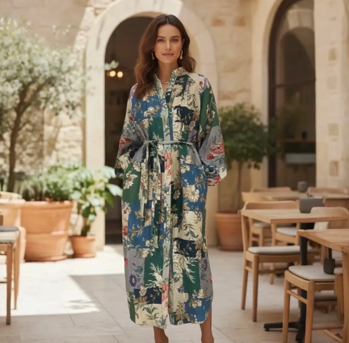 Alemais Loretta Patchwork Midi Shirt Dress Size 12AU Belt Floral Linen for rent on The Volte - main image