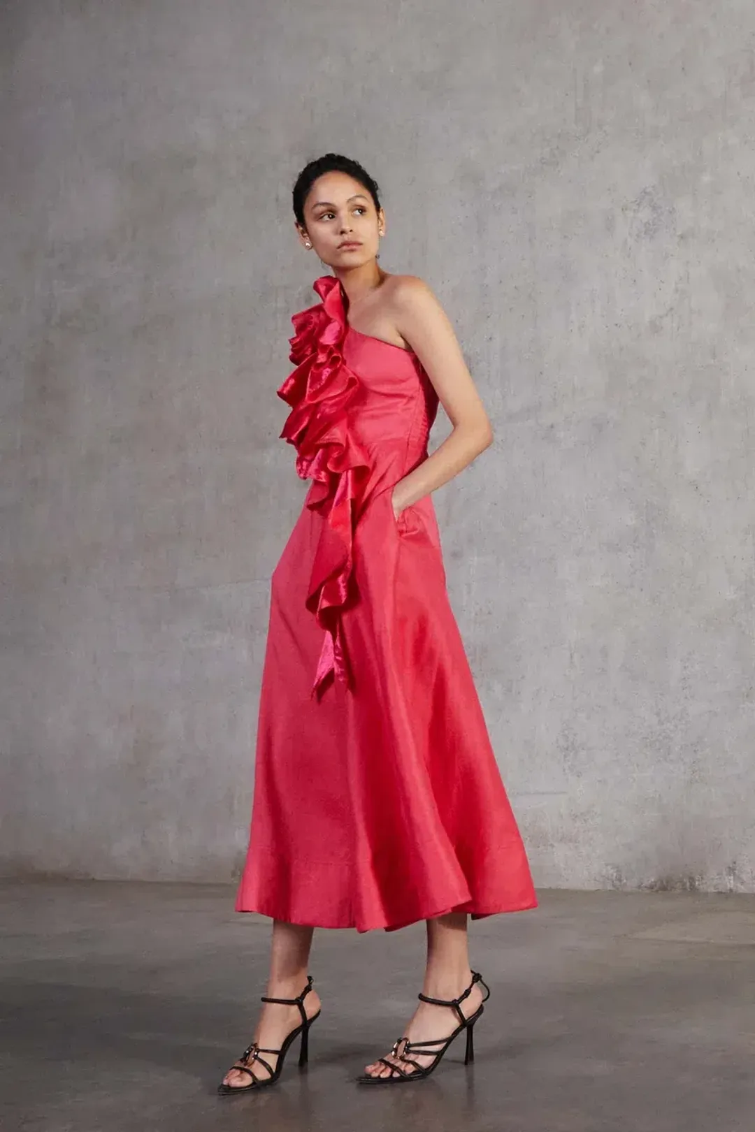 Aje Adelia Ruffle Midi Dress in Bougainvillea Red Size 16 for rent on The Volte - main image