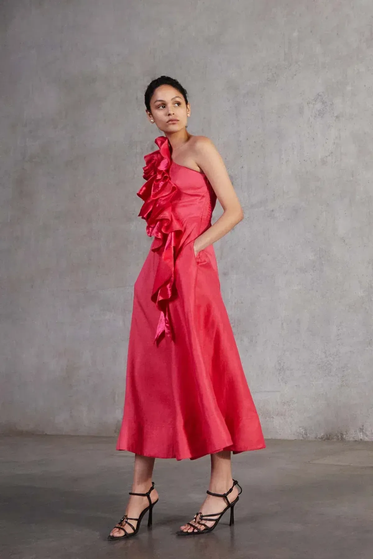 Aje Adelia Ruffle Midi Dress in Bougainvillea Red Size 16 for rent on The Volte - main image