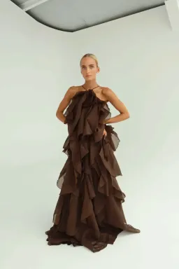 Aje Pandorea Layered Maxi Dress in Carob Brown Size AU 8 for rent on The Volte - image 2