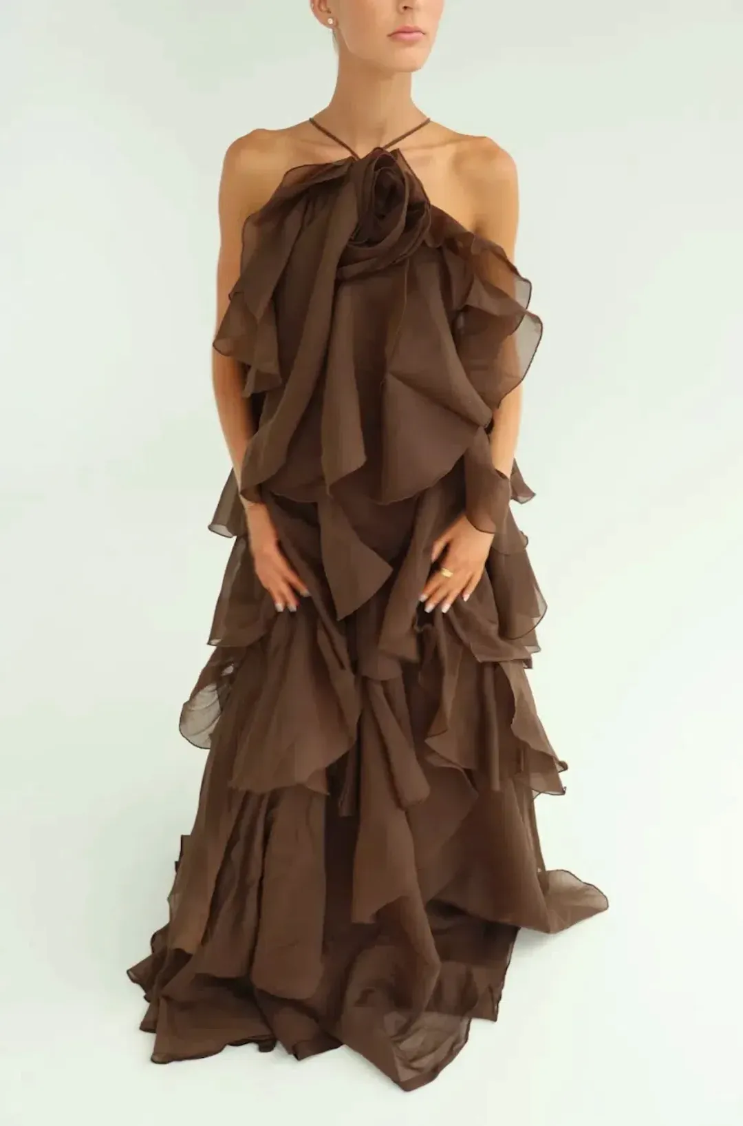 Aje Pandorea Layered Maxi Dress in Carob Brown Size AU 8 for rent on The Volte - main image