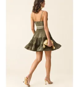 Zimmermann V Neck Pleated Mini Dress in Khaki Size 1/AU10 for rent on The Volte - image 2