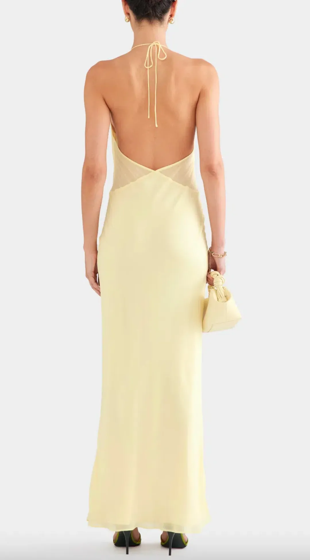 VENROY Low Back Layered Silk Halter Dress in Pale Yellow Size S / AU 8  for rent on The Volte - main image