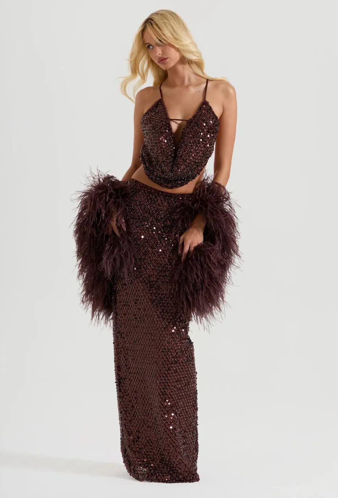 SYDNEY LANE CRYSTAL QUARTZ DRAPED TOP & MAXI SKIRT. SIZE S (6-8 AU) for rent on The Volte - main image