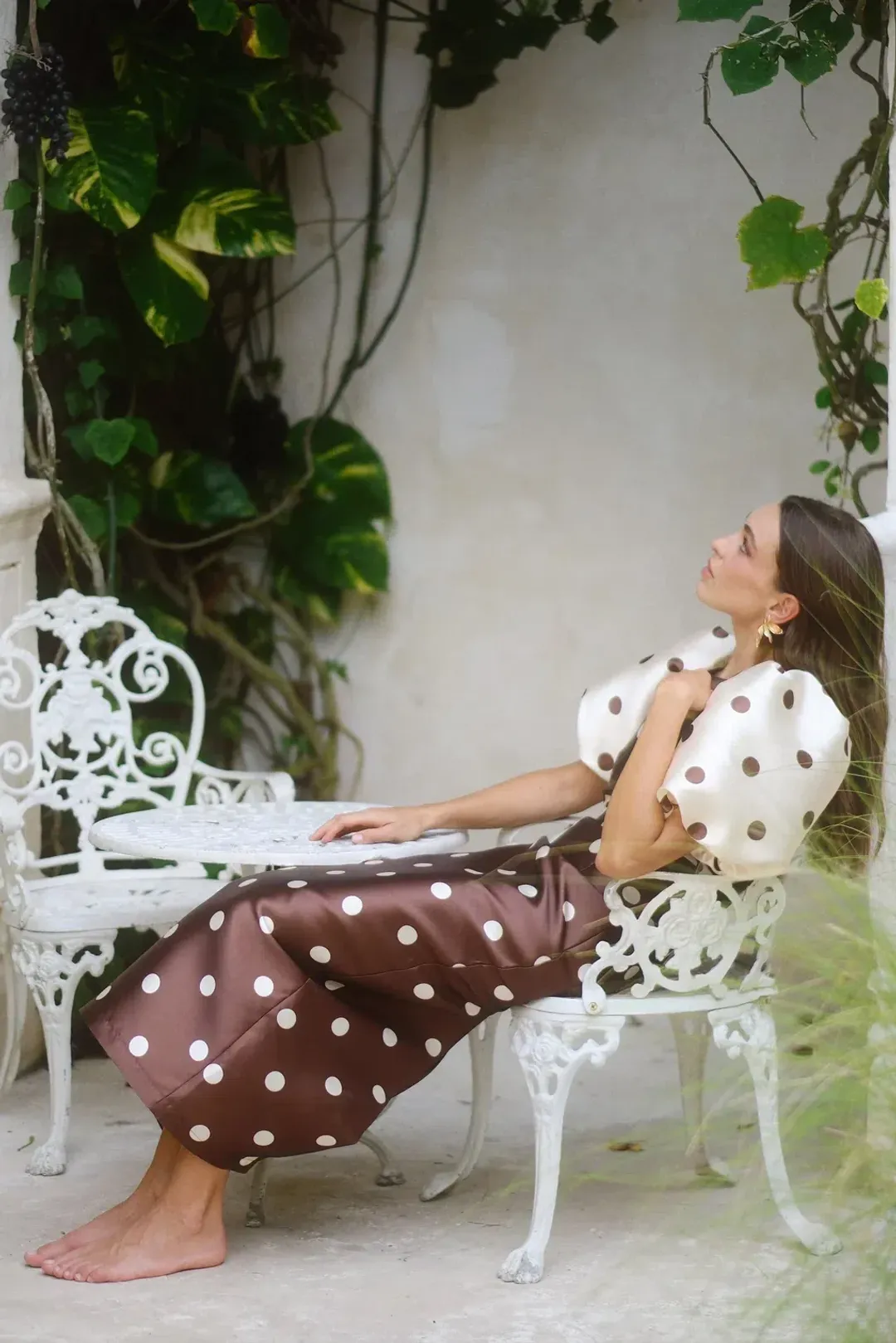 Pasduchas Dottie Puff Sleeve Midi Dress Polka Dot Brown and Cream Size 12  for rent on The Volte - main image