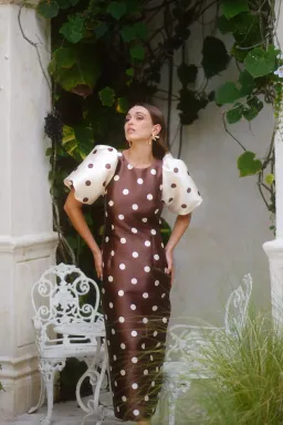Pasduchas Dottie Puff Sleeve Midi Dress Polka Dot Brown and Cream Size 12  for rent on The Volte - image 1