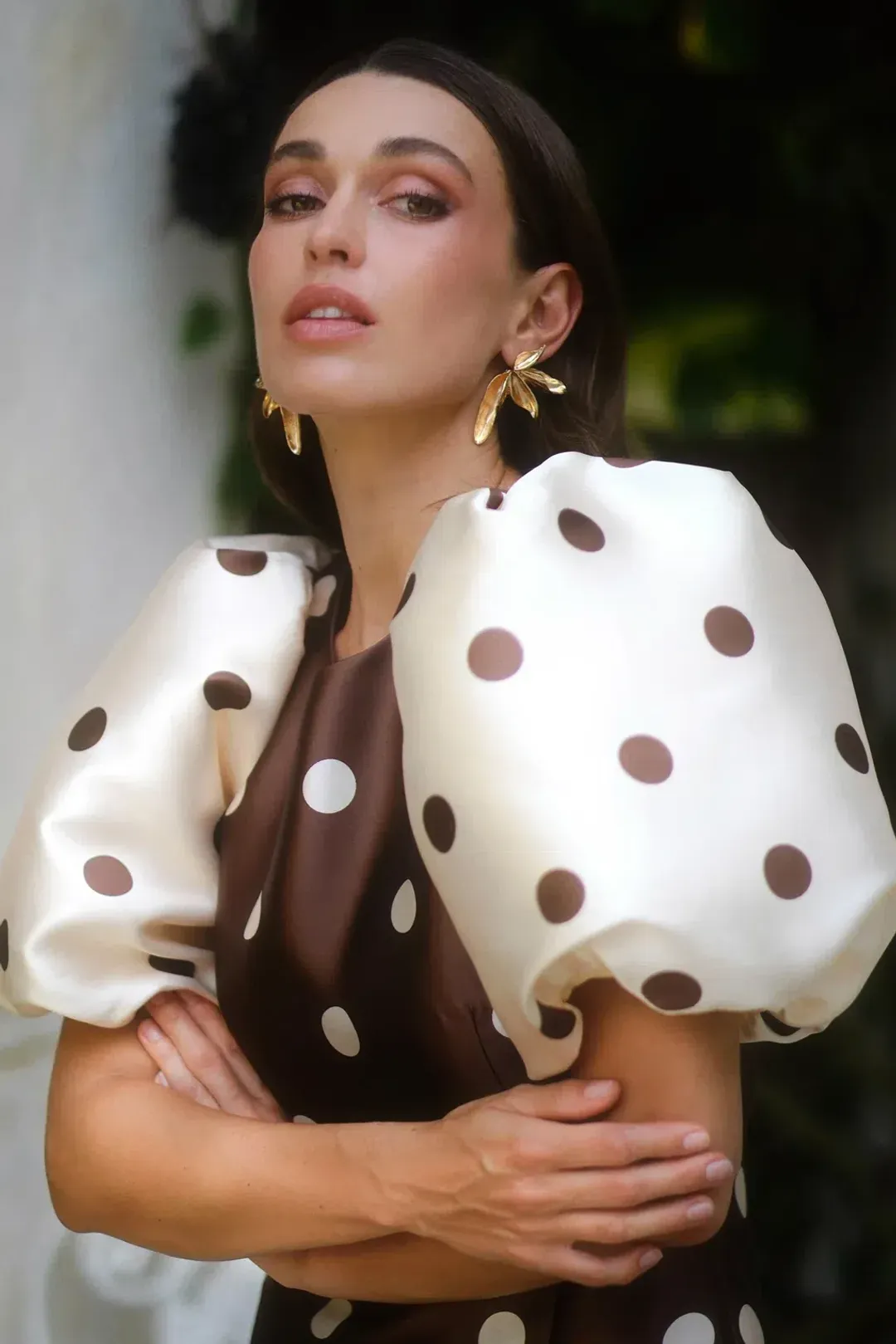 Pasduchas Dottie Puff Sleeve Midi Dress Polka Dot Brown and Cream Size 12  for rent on The Volte - main image