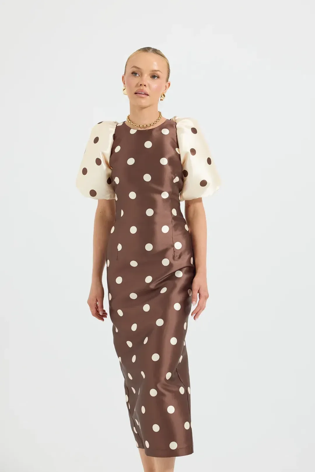Pasduchas Dottie Puff Sleeve Midi Dress Polka Dot Brown and Cream Size 12  for rent on The Volte - main image