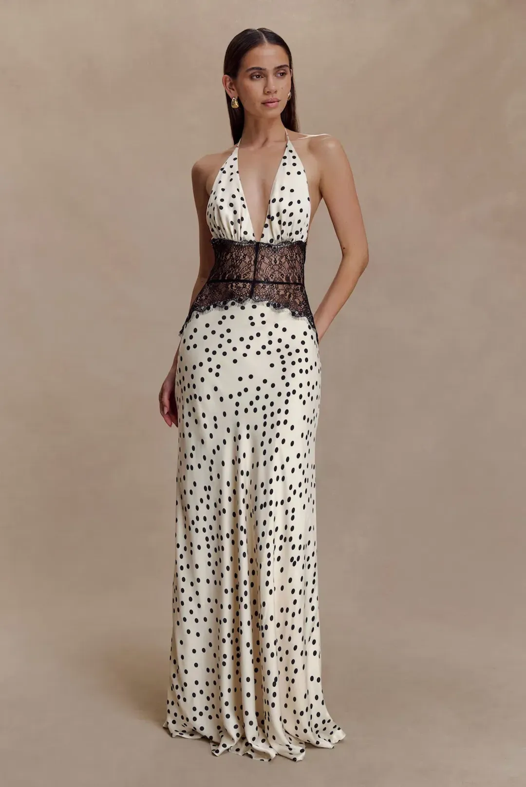Meshki Dinah Lace And Satin Maxi Dress - Black and White Polkadot, Size XS for rent on The Volte - main image