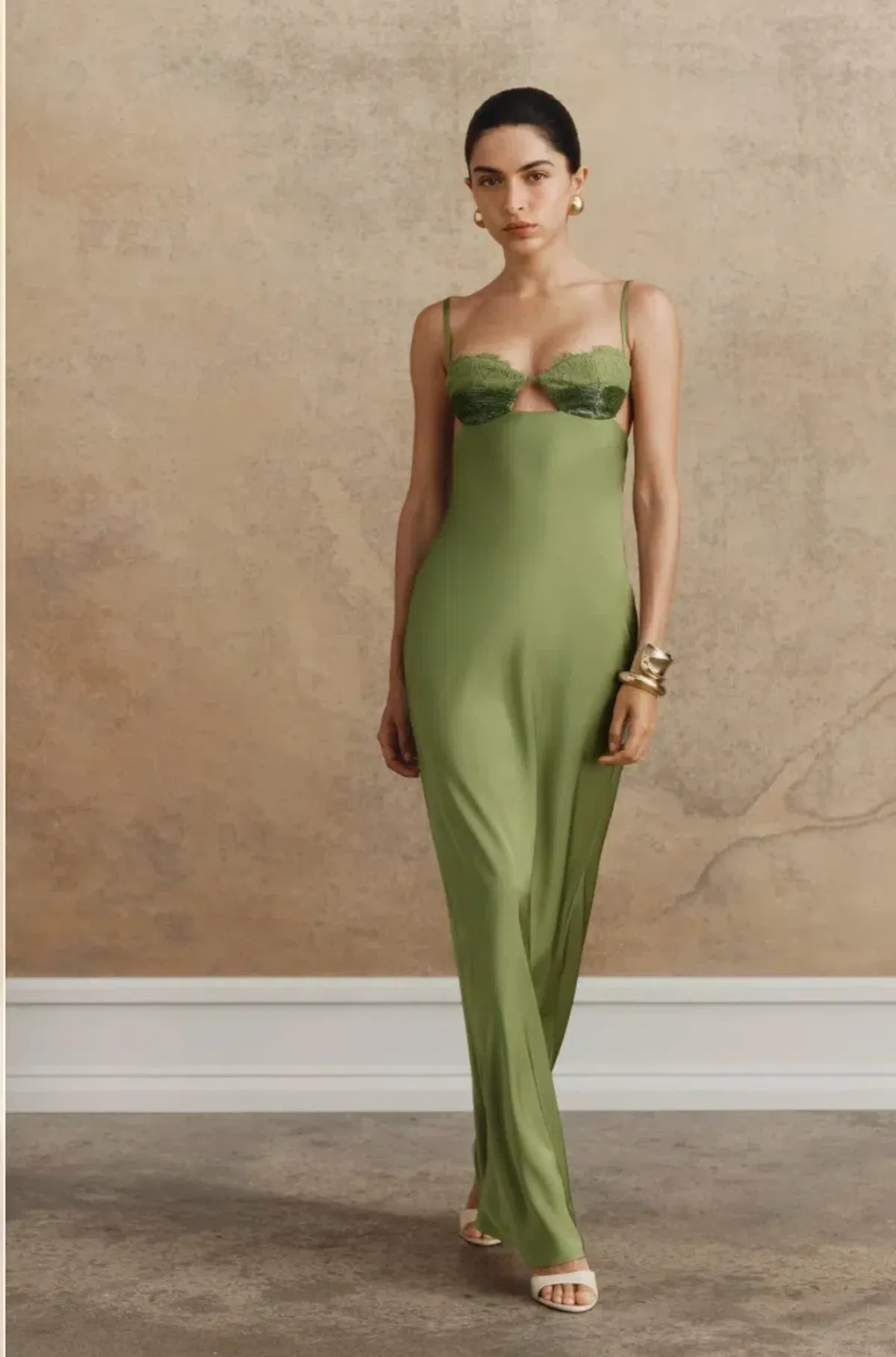 Meshki Fiorella Embellished Satin Maxi Dress - Pistachio, Size Small for rent on The Volte - main image