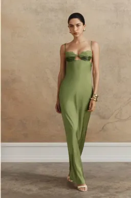 Meshki Fiorella Embellished Satin Maxi Dress - Pistachio, Size Small for rent on The Volte - image 1
