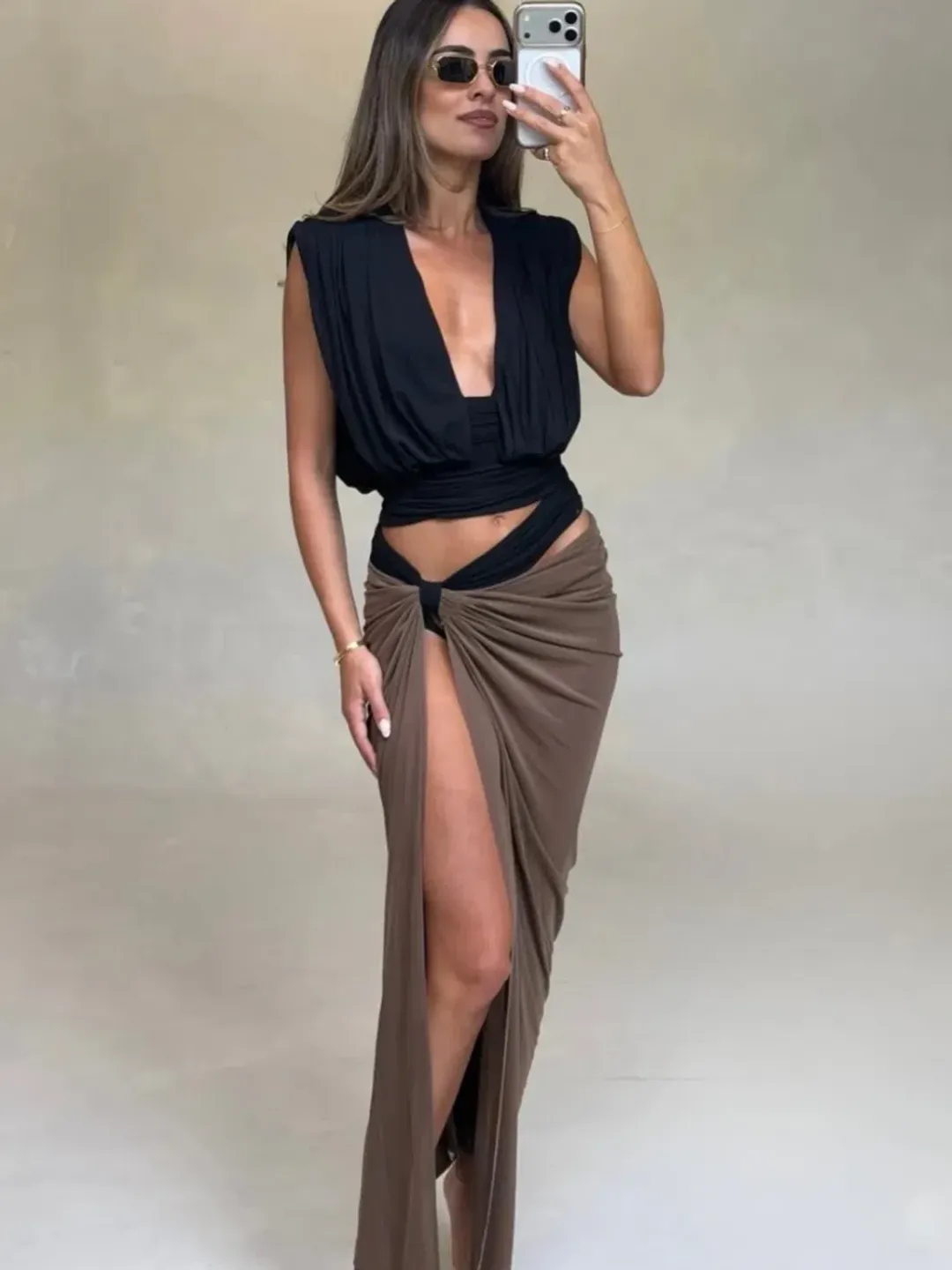 Bec + Bridge Anaya Drape Maxi Skirt and Oria Top in Black & Brown Size XS for rent on The Volte - main image