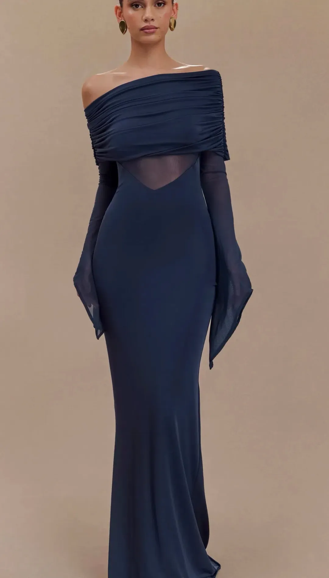 One Shoulder Slinky And Mesh Maxi Dress - Midnight Blue - Size 10 for rent on The Volte - main image