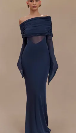 One Shoulder Slinky And Mesh Maxi Dress - Midnight Blue - Size 10 for rent on The Volte - image 3