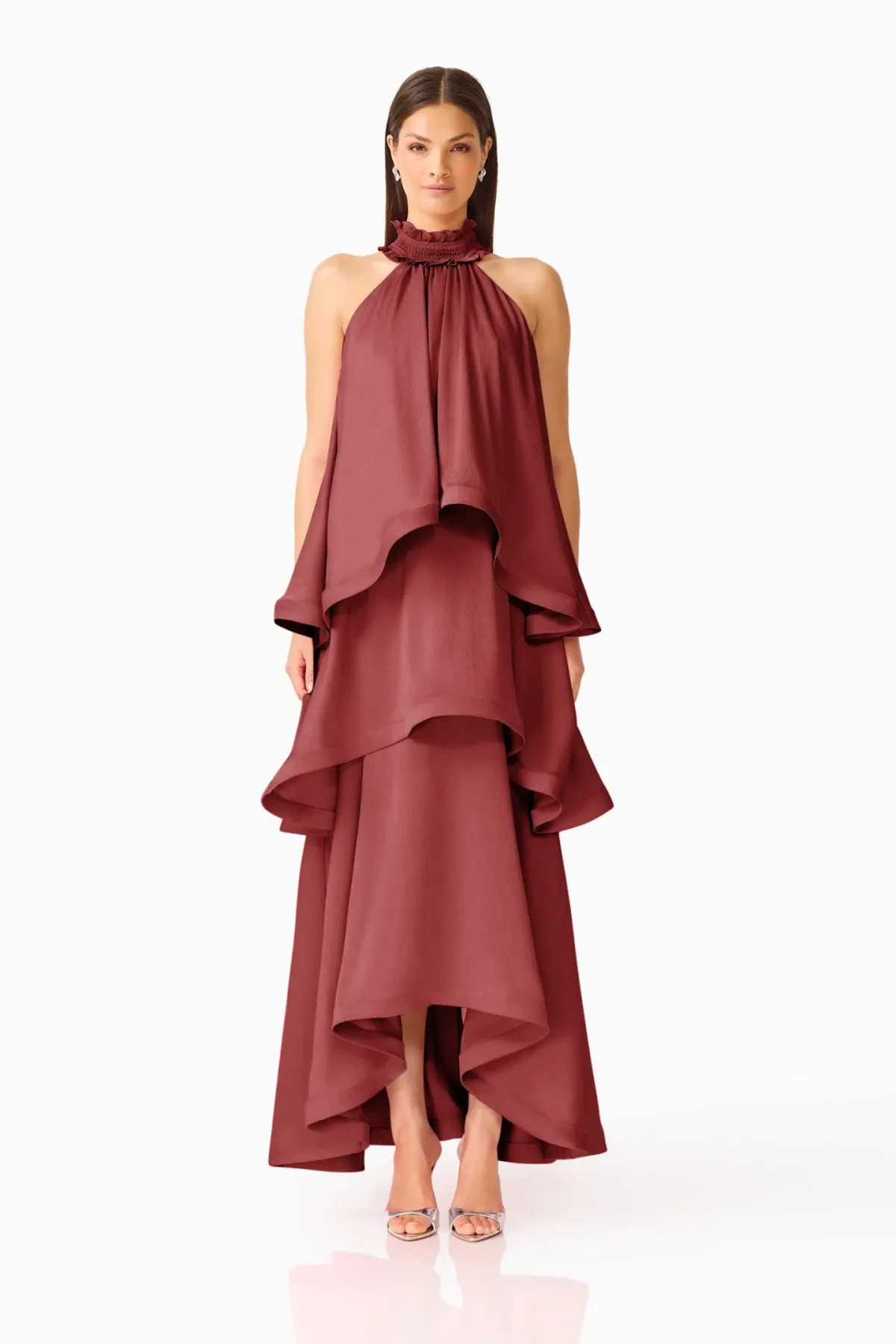 Elliatt Calista Ruffle Neck Tiered Gown Burgundy Size L for rent on The Volte - main image