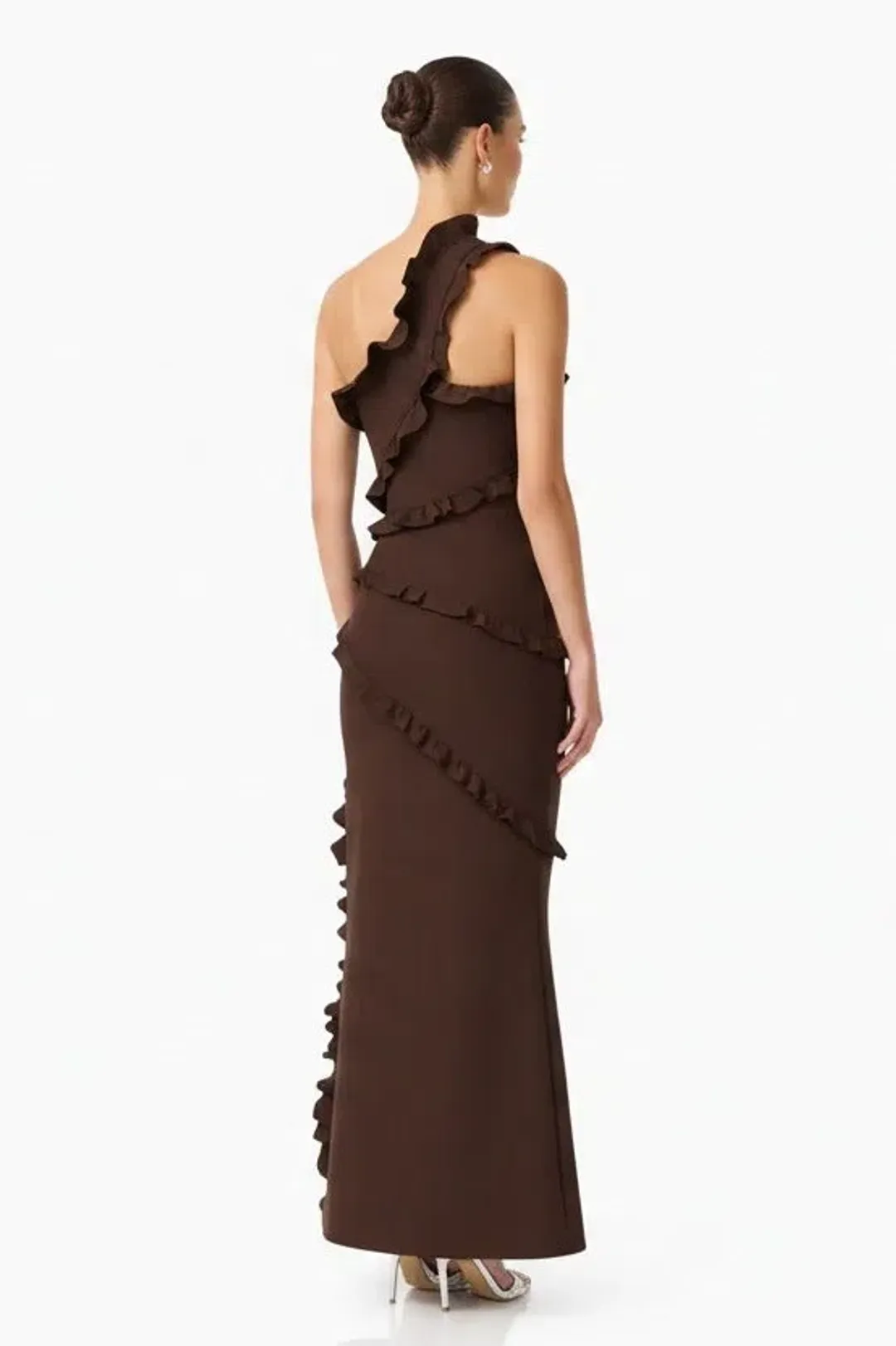 Elliatt Floriana Asymmetric Neck Gown Brown Size L for rent on The Volte - main image