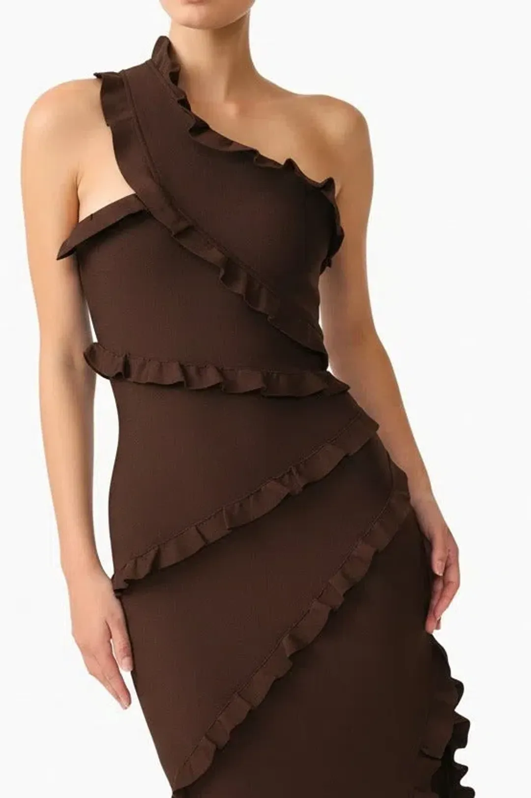 Elliatt Floriana Asymmetric Neck Gown Brown Size XL for rent on The Volte - main image