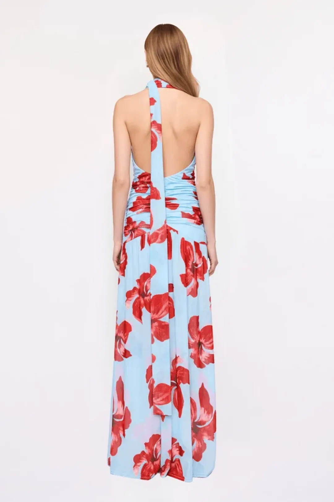 Chloe Floral Halter Mesh Plunge Maxi Dress – Blue Pink By Suboo Size S for rent on The Volte - main image