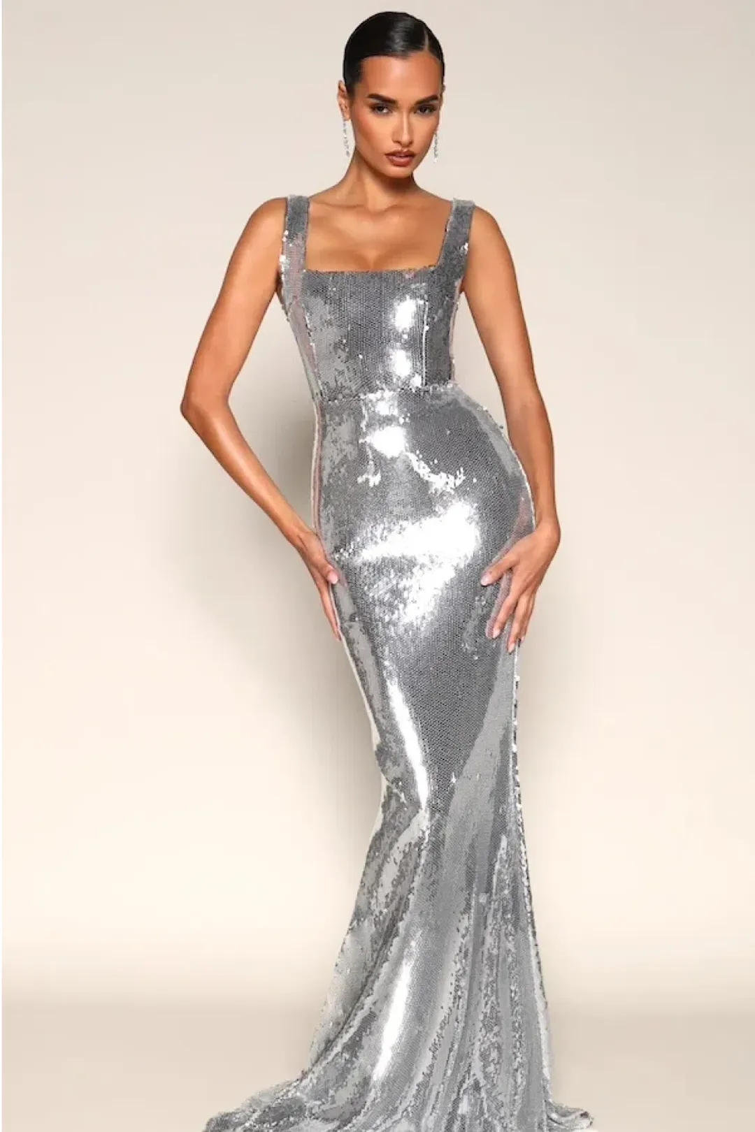 Sitara Square Neck Sequin Gown- Silver by Moda Glam Size 8 for rent on The Volte - main image