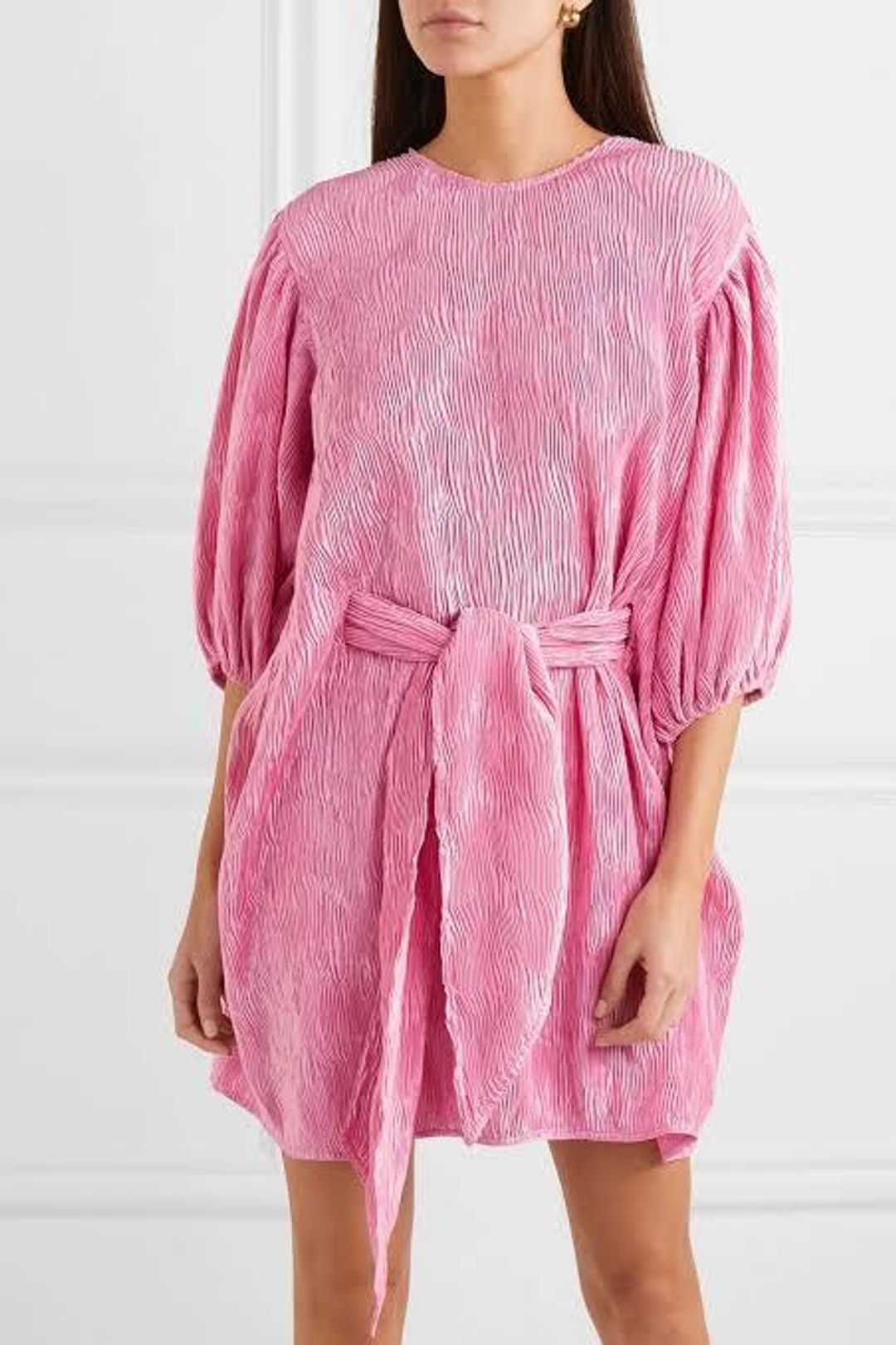 Ganni Belted Plisse Satin Mini Dress Size 12  for rent on The Volte - main image
