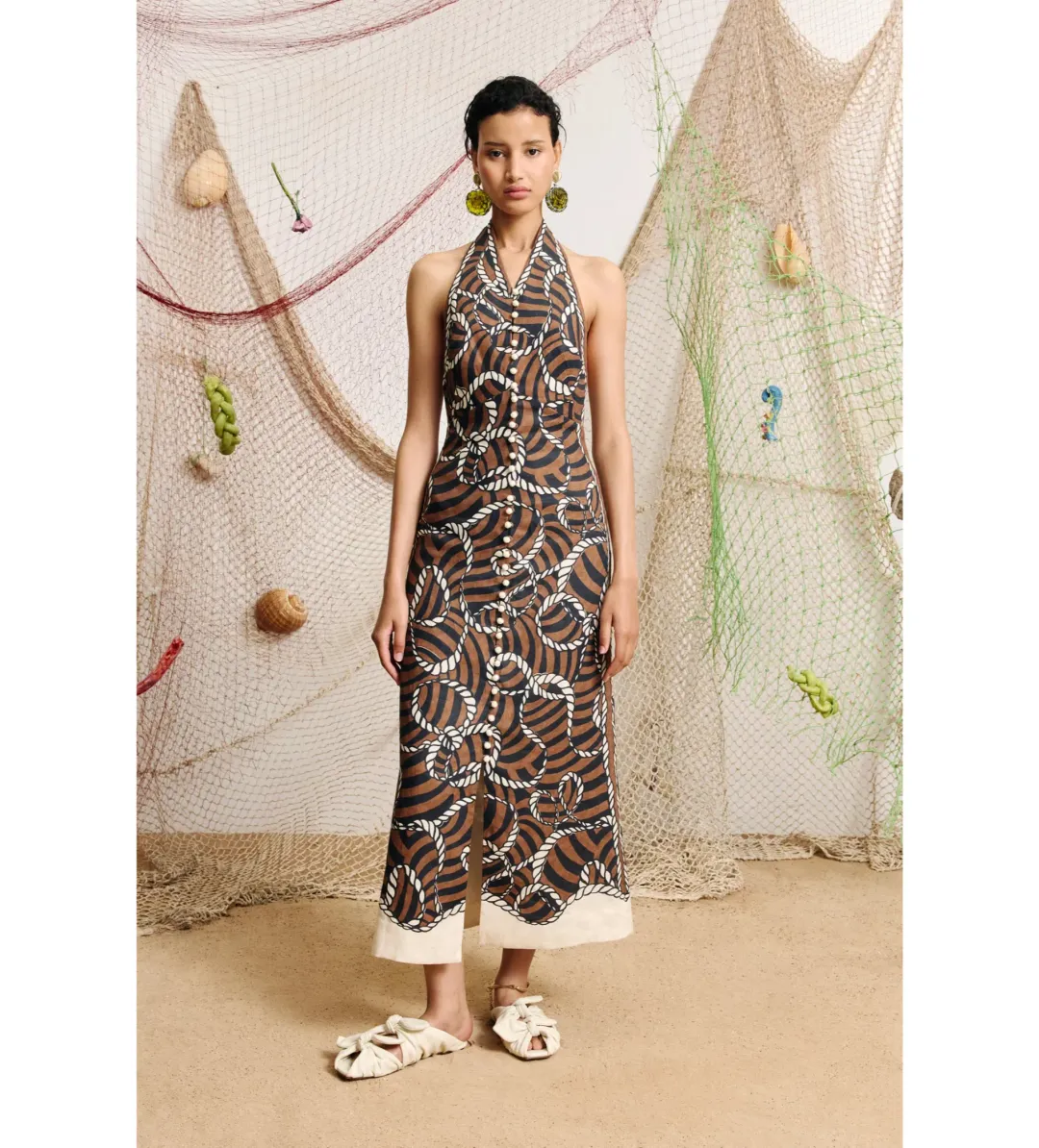 Alemais Sail Halter Midi Dress in Rope Print Size AU10 for rent on The Volte - main image