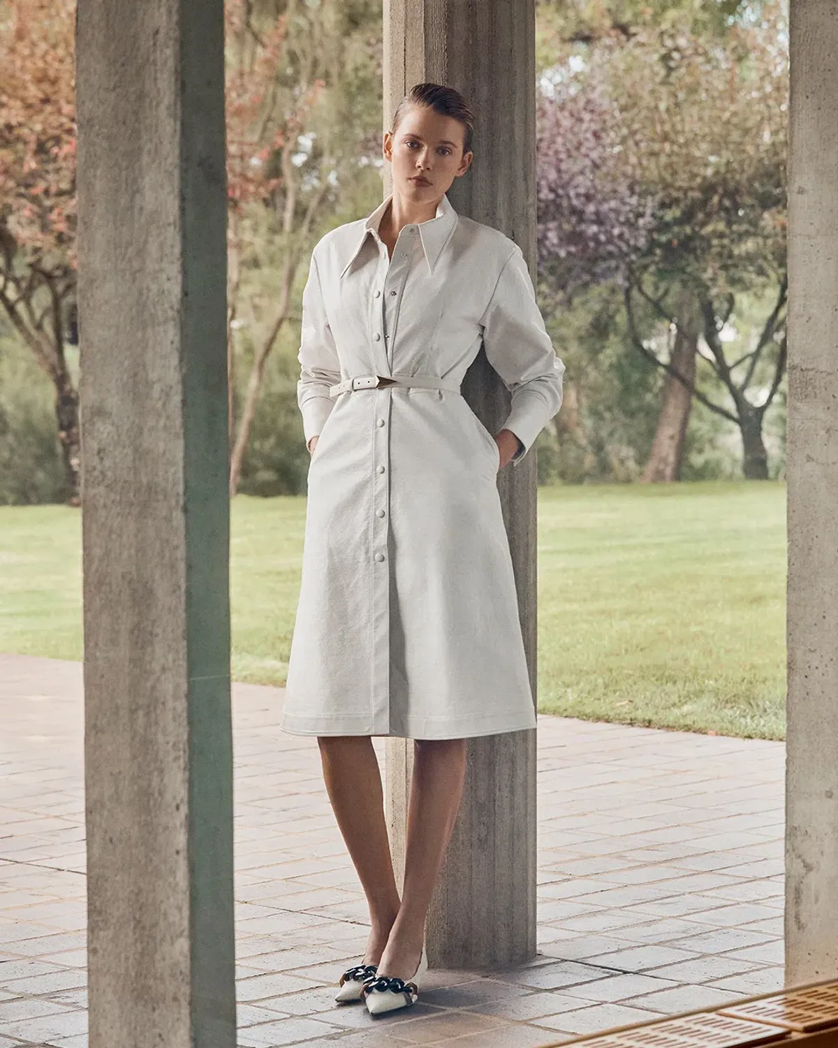 Scanlan Theodore Faux Reptile Shirt Dress Cream Size 8 for rent on The Volte - main image