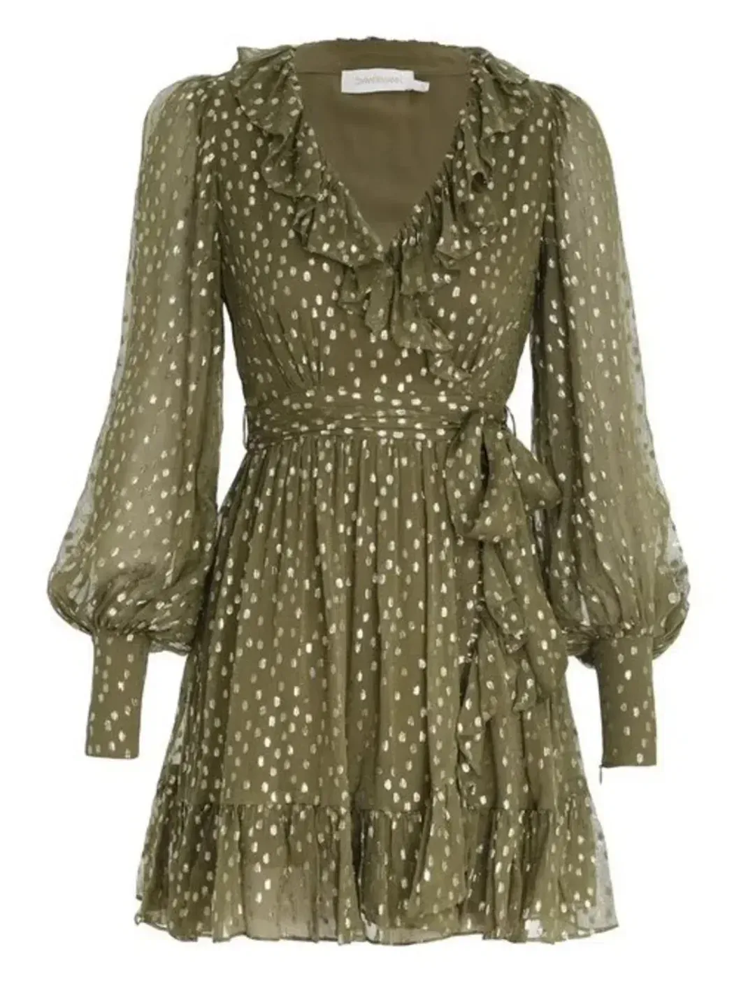 Zimmermann Lurex Wrap Mini Dress Khaki Size 3 AU fit 10 - 14 for rent on The Volte - main image