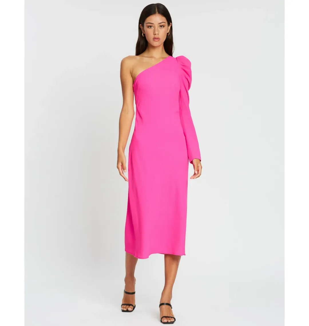 By Johnny Abby Asymmetric Sleeve Bias Dress Pink Size AU 12  for rent on The Volte - main image