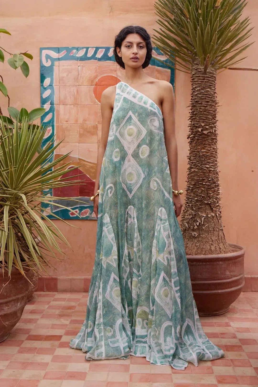 ALEMAIS Samira One Shoulder Gown Blue Print Size 10 AU for rent on The Volte - main image