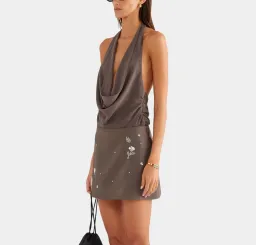 VENROY Deep Cowl Sheer Silk Halter Top & Embellished Silk Mini Skirt Set In Brown XS for rent on The Volte - image 2