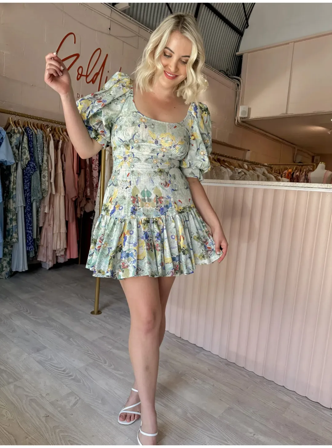 Leo and Lin Verde Puff Sleeve Mini Dress Floral Size AU 12 for rent on The Volte - main image